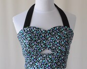 Blue Tiny Floral Cutout Bralet - Halter Neck - Peek-a-boo - Cropped Top - S