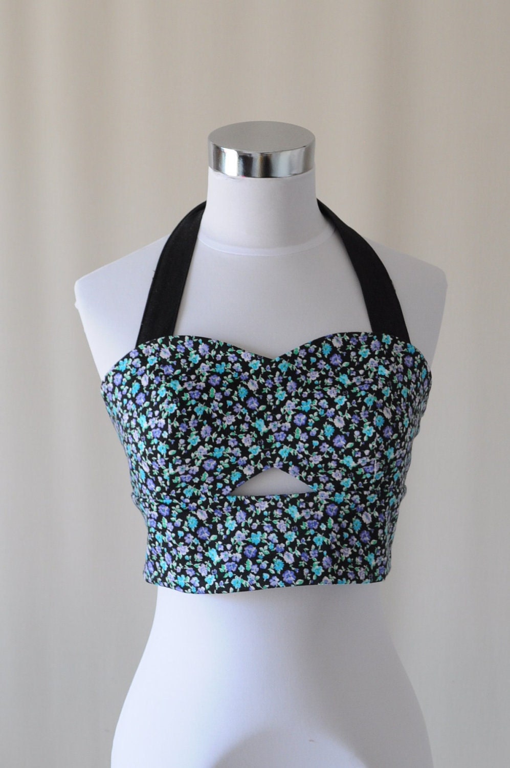 Blue Tiny Floral Cutout Bralet - Halter Neck - Peek-a-boo - Cropped Top - S