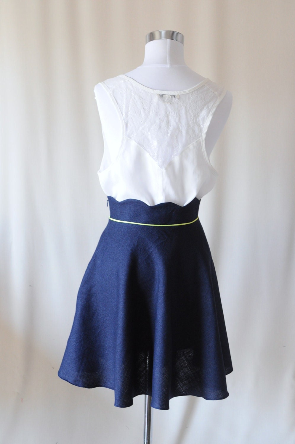 Navy Blue Scallop Waist Skirt with Neon Piping - High Waisted, Half Circle Skirt - S