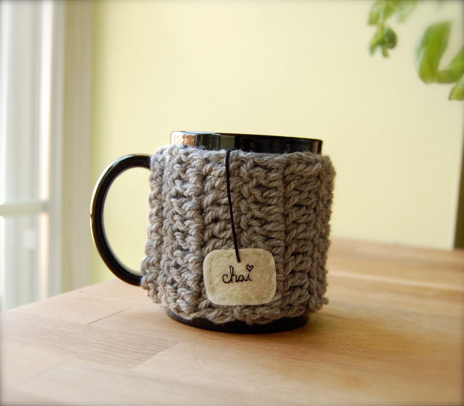 Personalize Chai Love Mug Cozy Crochet Light Grey Tea Cup Cosy - Made to Order