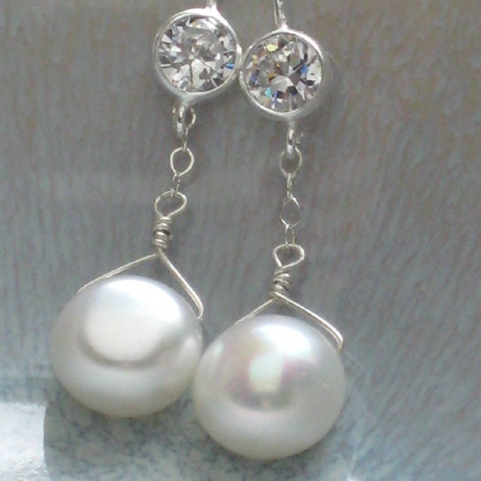 Sublime Earrings - White Button Pearls and Cubic Zirconia Ear Wires in Sterling Silver