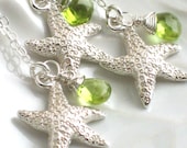 Bridesmaids Gifts, 3 Starfish & Gemstone Necklaces, Sterling silver, Starfish Charm, Wedding party gift, Beach wedding, Personalized Jewelry