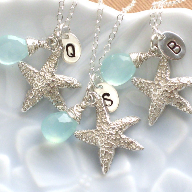 Bridesmaid Gift Set, 3 Starfish Necklaces with Initial Tag & Gemstone, Silver, Custom color, Letter, Personalized, Beach Wedding, Summer