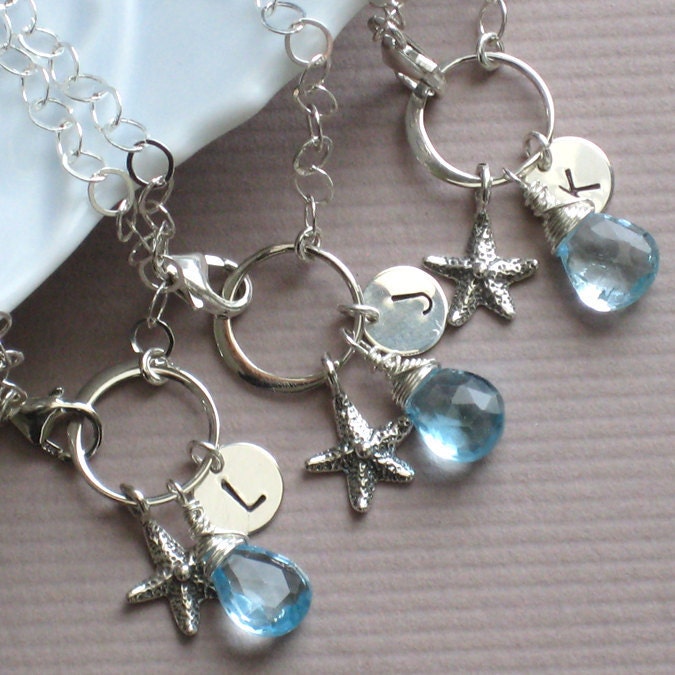 Set of 3 Bridesmaid Gifts, Starfish Bracelets, Gemstone & Initial, Sterling Silver, Personalized Jewelry, Beach Wedding, Bridesmaid Gifts