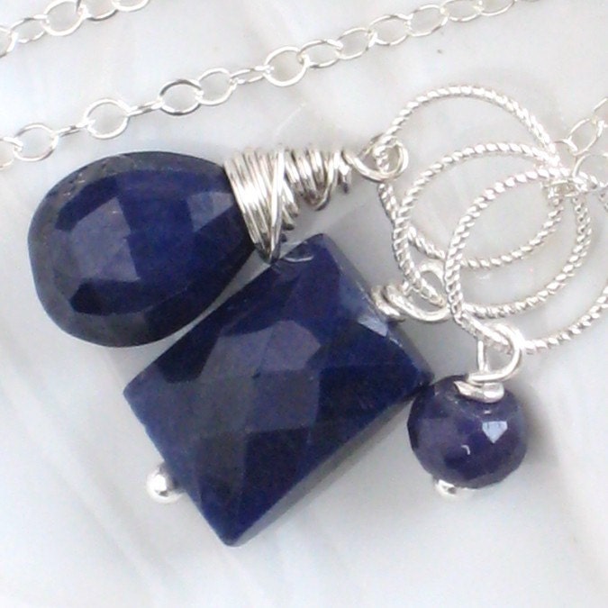 September Birthstone - Bijoux Collection Necklace, 3 Sapphire Pendants and Chain in Sterling silver