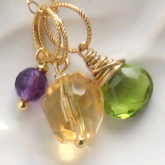 3 Birthstones - Custom Bijoux Collection Necklace, YOU CHOOSE 3 Pendants and Chain in 14k Gold Fill