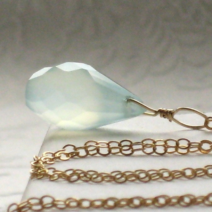 Droplet Necklace -Chalcedony Briolette Drop in 14k Gold fill