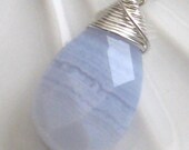 Blue Lace Agate Briolette Pendant, Wire Wrapped in Sterling Silver, Add on Charm, Removable Pendant, Light Blue