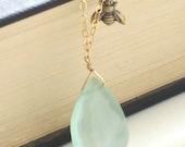 Green Chalcedony & Bee Necklace Gold fill, Honey Bee, Bee Lover, Green Gemstone, Nature, Green Drop, Bee Jewelry