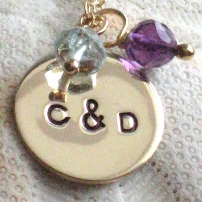 Hand Stamped Disc & Birthstone Necklace, Gold fill, Custom Color, Personalized, Mothers Gift, Family Jewelry