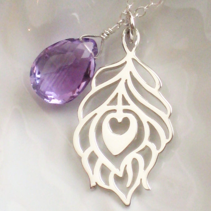 Peacock Feather Necklace with Amethyst Briolette in Sterling Silver, Feather charm, Purple, February Birthday, Bird Lover