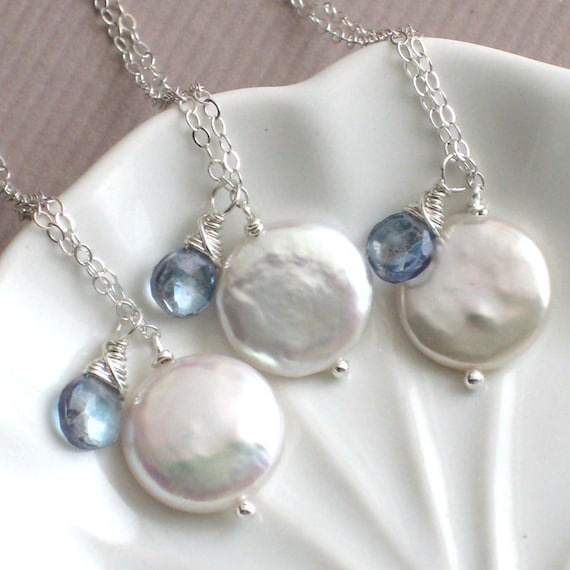 Bridesmaids Gift Set, 3 Coin Pearl Drop & Gemstone Necklaces, Sterling Silver,Pearl, Personalized Jewelry, Custom Color, wedding party