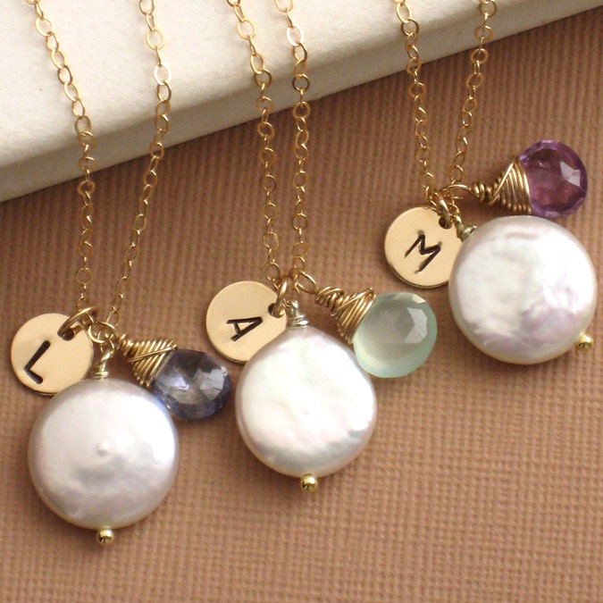 Bridesmaid Gift Set, 3 Coin Pearl & Gemstone Necklaces, Initial Tag, Gold Fill, Custom Color, Personalized Jewelry, Letter, Pearl Necklace