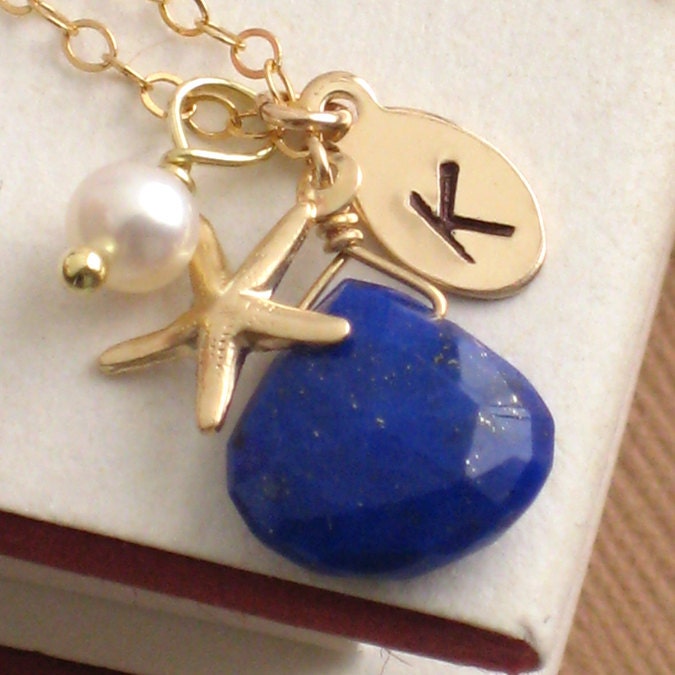 Starfish & Blue Lapis Necklace in Gold fill, Pearl drop and Initial Tag, Beach Jewelry, Beach Wedding, Lapis Lazuli, Personalized Necklace