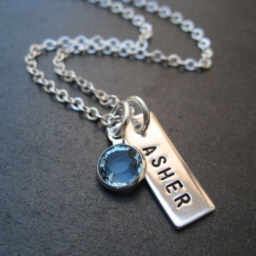 Hand Stamped Jewelry Personalized Necklace Tag and Birthstone