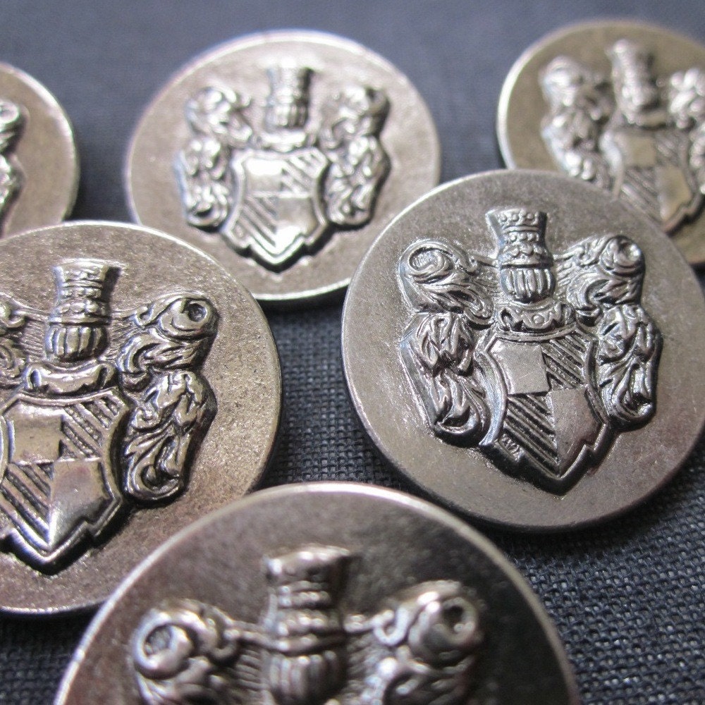 10 Large Silver Metal Coat of Arms Shank Buttons