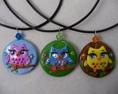 Sale Cute Owl on a Branch Pendant Necklace with Swarovski Eyes You Pick Color Yellow or Blue
