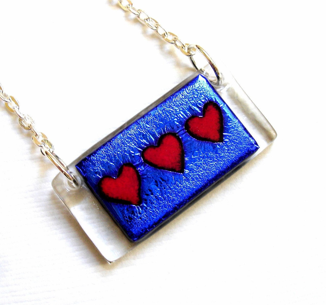 Triple Red Hearts Fused Glass Pendant Necklace