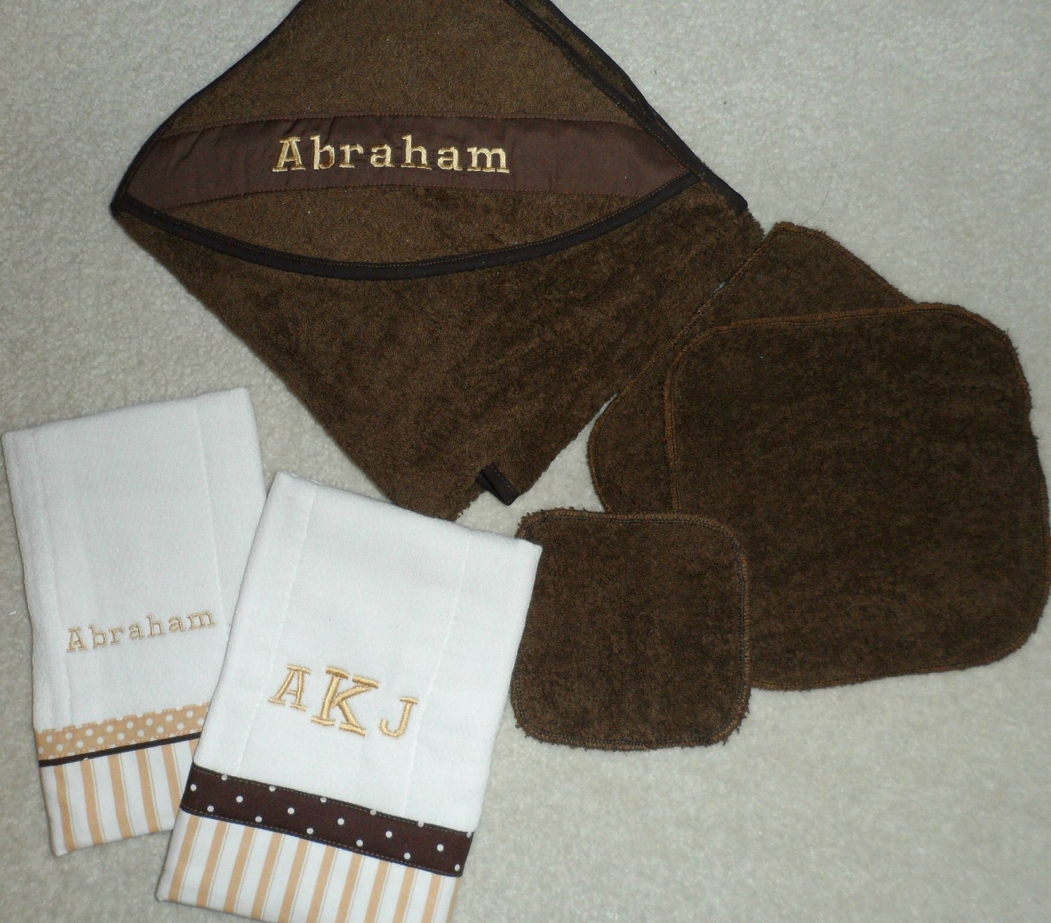 Baby Gift Set Brown and Tan for Boy or Girl Six pcs Hooded Towel Washcloths Burp Cloths Personalized