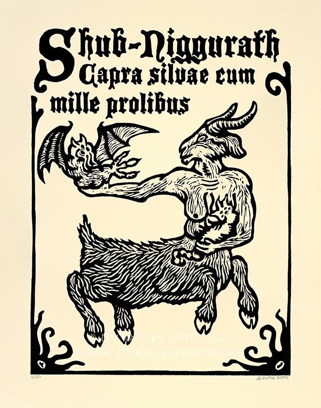 Shub-Niggurath goat mother woodcut print necronomicon page