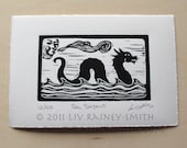 Sea Serpent woodcut print signed and numbered