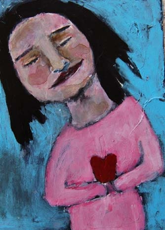 Original 5x7 Acrylic Portrait Painting She Found Love - girl pink red heart cute sweetheart