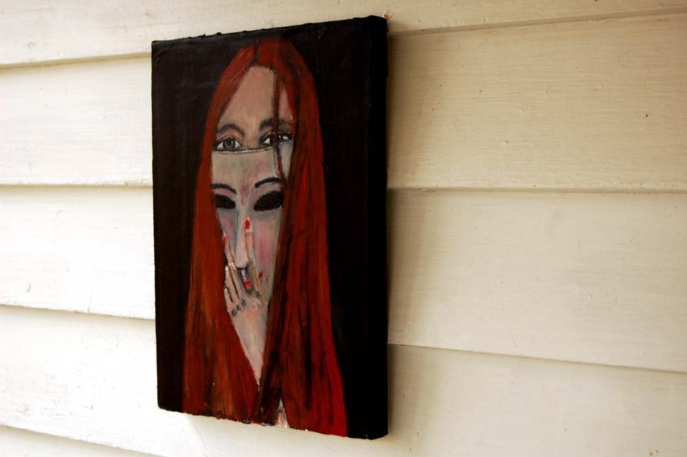 Acrylic Portrait Painting Woman Masquerade Mask 9x12 wrapped canvas She Was Her Own Illusion