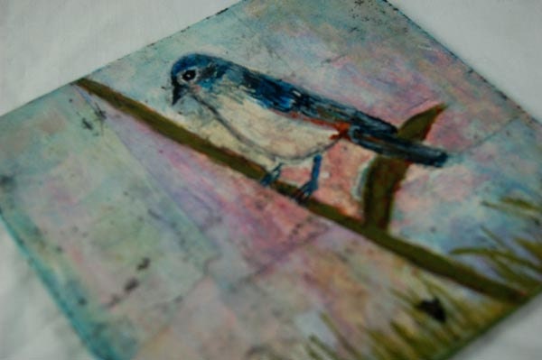 Acrylic Blue Song Bird Painting - Original, Mixed Media, Whimsical, Spring 6x6 animal, wildlife, grass, flower stem