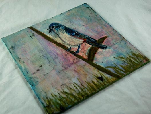 Acrylic Blue Song Bird Painting - Original, Mixed Media, Whimsical, Spring 6x6 animal, wildlife, grass, flower stem