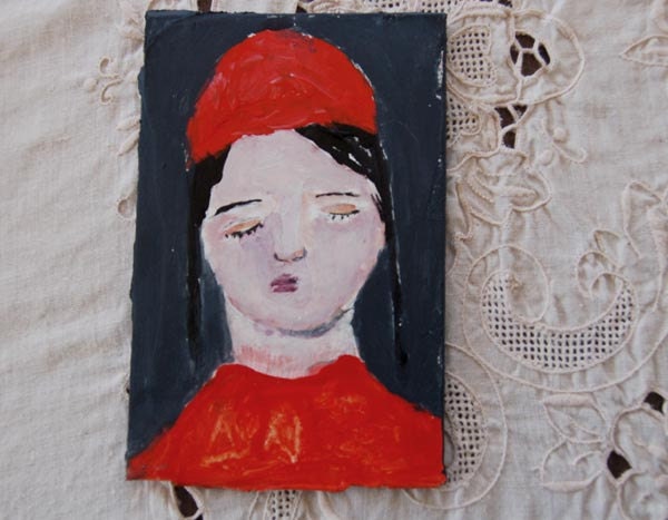 Small Original Painting - Sweet girl with orange red hat and sweater eyes closed Amelie 4x6 mixed media whimsical art canvas board