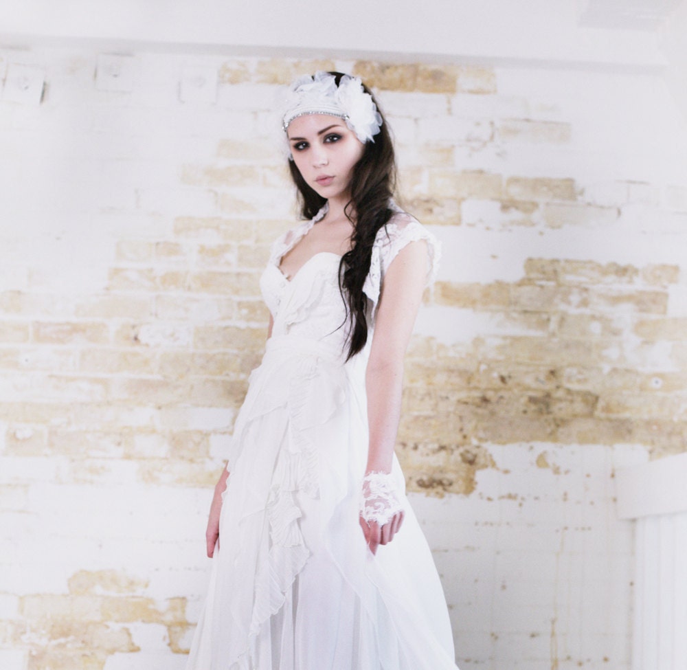 Angels Dance - Snow White Lace Silk Chiffon Wedding Gown Full Princess Ruffle Train