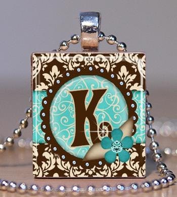 Scrabble Pendant - TURQUOISE DAMASK Initial Pendant - You Choose ANY Initial