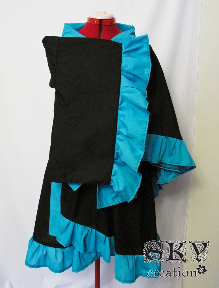 Custom Black X Teal Kimono Dress with Ruffles and Descending Hem