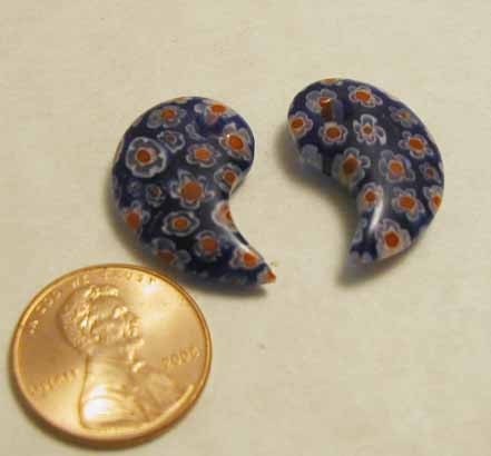Blue Millefiori Comma Drops - 1 Pair Dark Blue - Destash