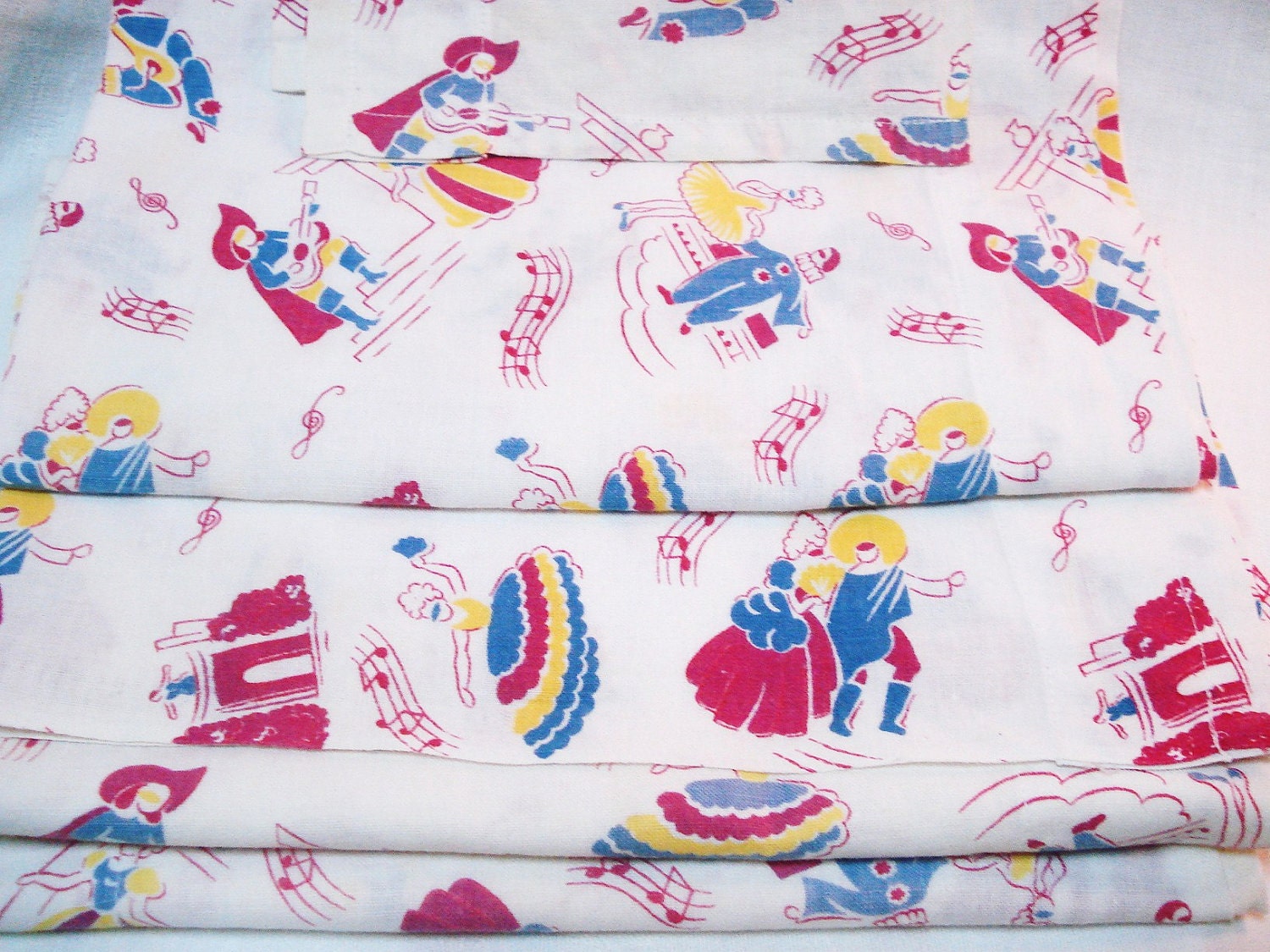 Vintage Feedsack Fabric Curtains 1940s Musical Mardi Gras