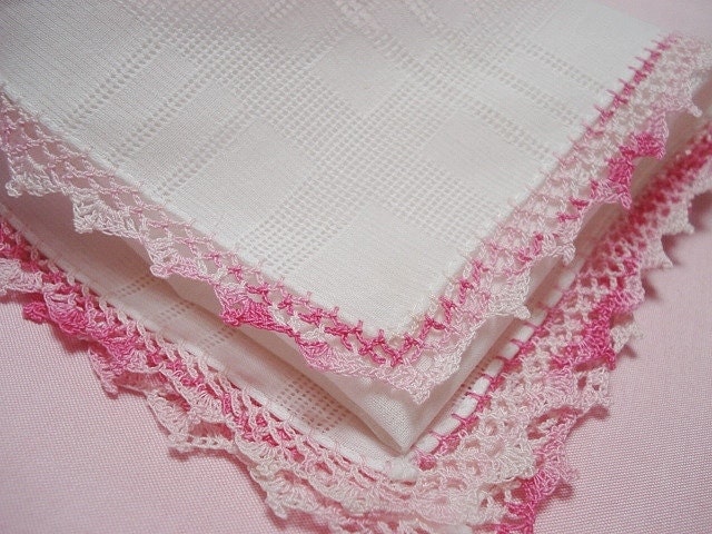 Vintage Cotton Hanky w Drawnwork n Pink Lace