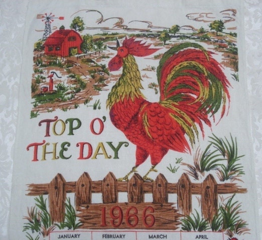 Vintage Towel Retro Roosters 1966 Kitchen Calendar  Mint