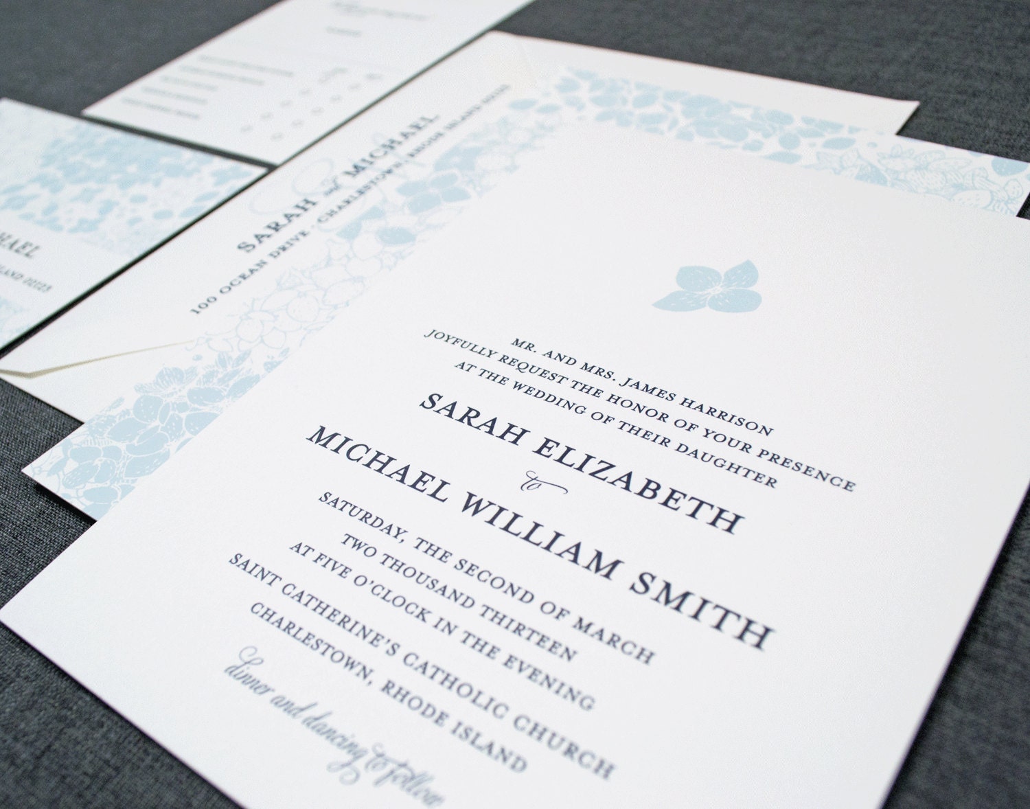 Sarah Blue Hydrangea Flower Wedding Invitation (Sample)
