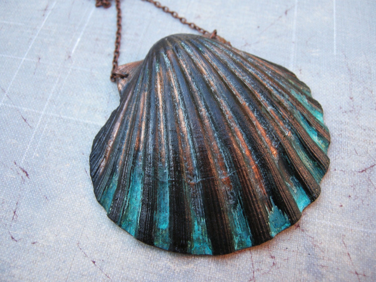 Copper Clam Shall Necklace Pendant with Patina