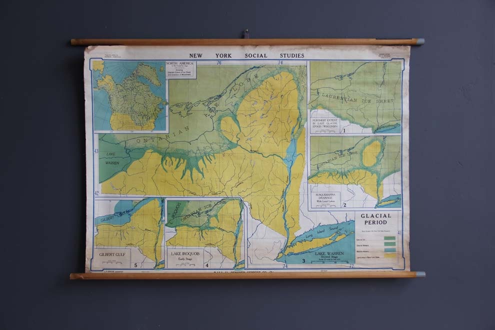 Unique 1950s Vintage School Map. New York Glacial Period. Great Colors