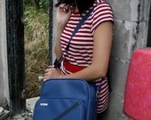 UPCYCLED Cobalt Blue VINTAGE Messenger Camera Bag with Black Stripes and Dead Trees