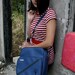 UPCYCLED Cobalt Blue VINTAGE Messenger Camera Bag with Black Stripes and Dead Trees