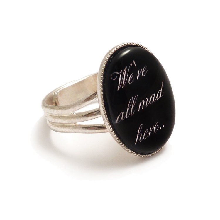 Cheshire cat We're All Mad Here Alice in Wonderland charm ring .. adjustable