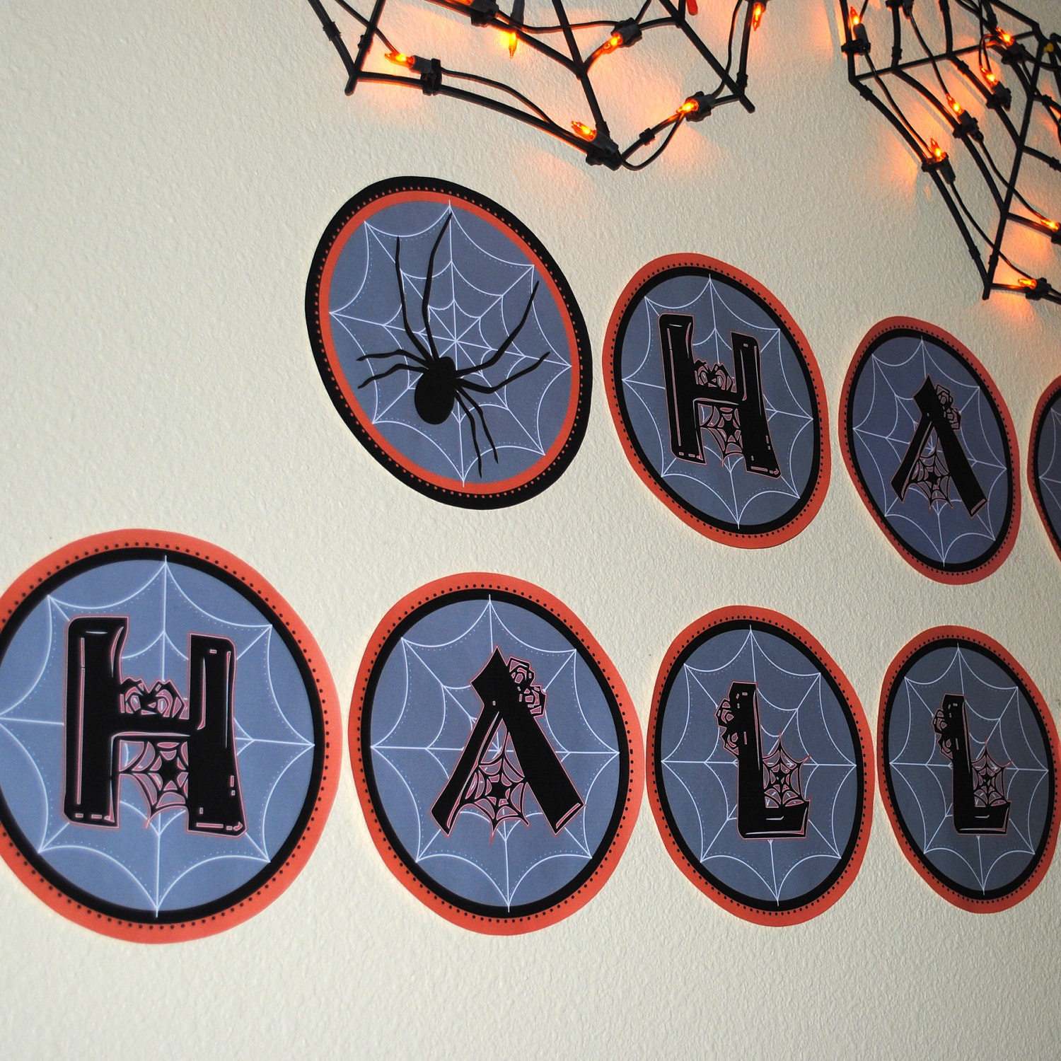 Happy Halloween Printable Banner - Spiders and Webs - 6 in Circles in Black, Gray and Orange
