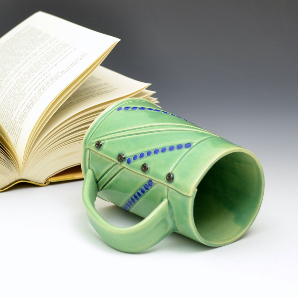 Ceramic Coffee Mug Tea cup Blue green dots handmade stoneware pottery by Charan Sachar