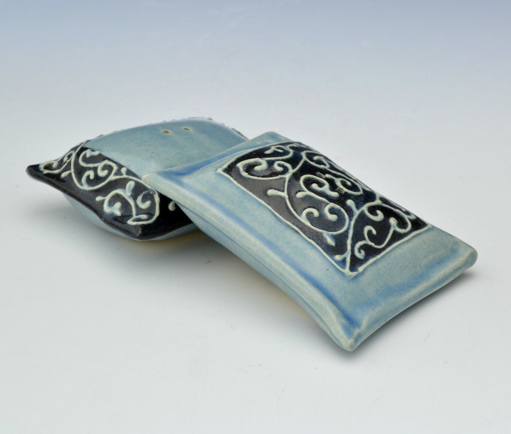 Salt Pepper Shakers Pillow shaped Blue Black by Charan Sachar Ready to Ship