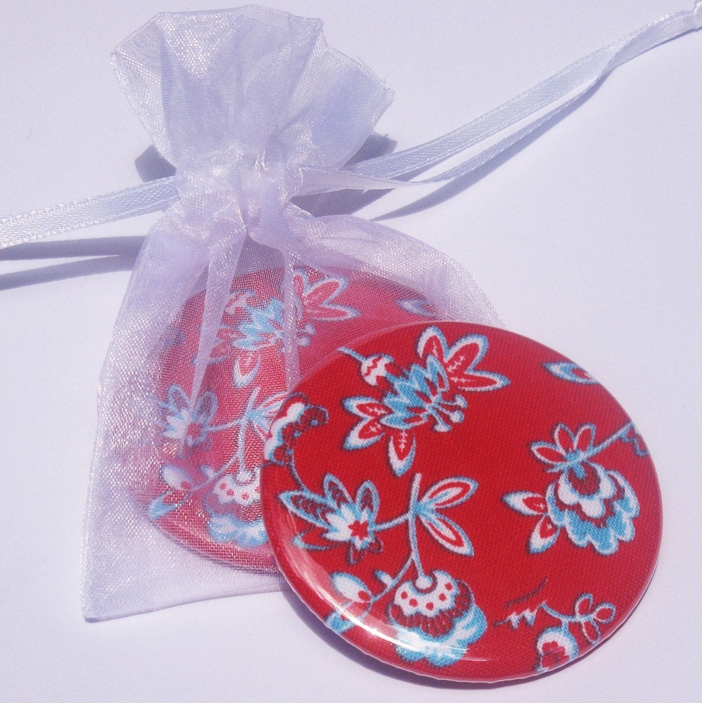 pocket mirrors  (12) one dozen red and aqua floral fabric covered pocket mirrors