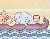 Children's wall art, nursery art print, Noah's Ark, safari animals, baby nursery decor, giraffe, monkey, elephant , bathroom art 8x10 print