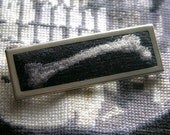 Human Femur Silver Brooch Pin, Hand-Embroidered in Cotton. One Of A Kind.