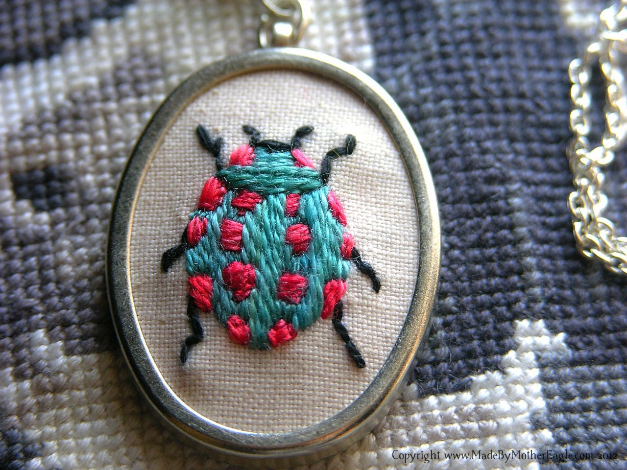 CUSTOM MADE... The Travelling Beetle Pendant, Miniature Hand-Embroidered in Silk... You Pick The Colours.